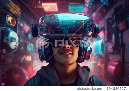 Portrait of a young man in VR glasses. 104886527