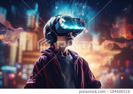 Boy wearing virtual reality glasses. A world of bright colors and events. Boy wearing virtual reality glasses. A world of bright colors and events. 104886528