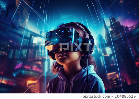 Little boy wearing virtual reality glasses. A world of bright colors and events. Little boy wearing virtual reality glasses. A world of bright colors and events. 104886529