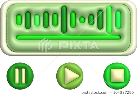 3D illustration Dynamic sound wave, radio frequency modulation, music play button, music pause button. 3D illustration Dynamic sound wave, radio frequency modulation, music play button, music pause button. 104887290