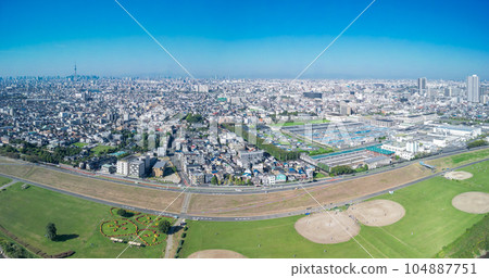 "Chiba Prefecture" Viewing the city center from the sky above Edogawa with a drone "Chiba Prefecture" Viewing the city center from the sky above Edogawa with a drone 104887751