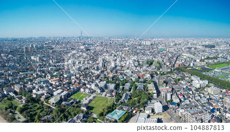 "Chiba Prefecture" Viewing the city center from the sky above Edogawa with a drone 104887813