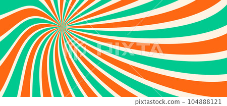 Spinning radial lines background. Orange green curved sunburst wallpaper. Abstract warped sun rays and beams comic texture. Vintage summer backdrop for posters, banners, templates. Vector illustration Spinning radial lines background. Orange green curved sunburst wallpaper. Abstract warped sun rays and beams comic texture. Vintage summer backdrop for posters, banners, templates. Vector illustration 104888121
