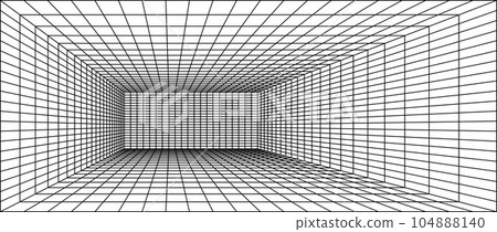 Wireframe grid room. 3d perspective background. Futuristic digital outline space. Black and white geometric design. Vector template illustration. Angle point of view. Wireframe grid room. 3d perspective background. Futuristic digital outline space. Black and white geometric design. Vector template illustration. Angle point of view. 104888140