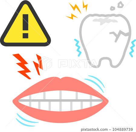 A deformed illustration of a clenching mouth and worn teeth 104889739