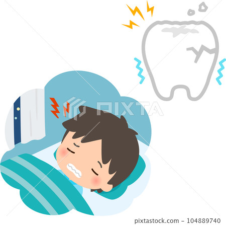 A man who grinds his teeth while sleeping and his worn out teeth 104889740