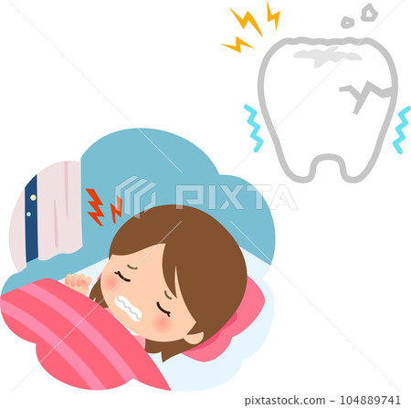 A woman who grinds her teeth while sleeping and her worn out teeth 104889741
