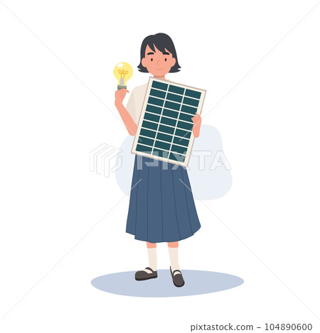 Young Thai student Girl with solar cell panel and light bulb to show clean energy. Flat vector cartoon illustration Young Thai student Girl with solar cell panel and light bulb to show clean energy. Flat vector cartoon illustration 104890600