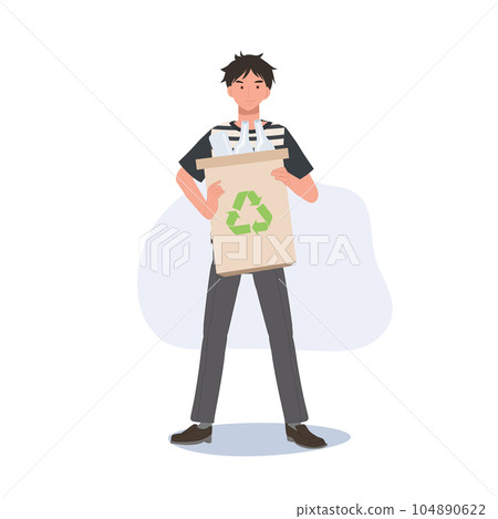 recycling, waste sorting and sustainability concept. Man holding recycle box full of used glass. Flat vector cartoon illustration recycling, waste sorting and sustainability concept. Man holding recycle box full of used glass. Flat vector cartoon illustration 104890622