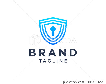 Abstract Security Logo. Blue Linear Shield Linked with Keyhole inside isolated on White Background. Safety Guard Protection Symbol. Flat Vector Logo Design Template Element. 104890654
