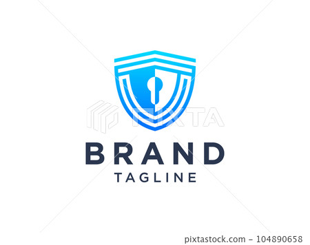 Abstract Security Logo. Blue Linear Shield Linked with Keyhole inside isolated on White Background. Safety Guard Protection Symbol. Flat Vector Logo Design Template Element. Abstract Security Logo. Blue Linear Shield Linked with Keyhole inside isolated on White Background. Safety Guard Protection Symbol. Flat Vector Logo Design Template Element. 104890658