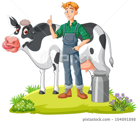 Farmer Man with Milk Cow Cartoon Farmer Man with Milk Cow Cartoon 104891898