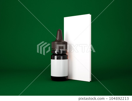 Amber glass dropper bottle mockup on green background, 3d rendering Amber glass dropper bottle mockup on green background, 3d rendering 104892213