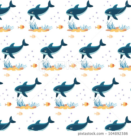 Seamless pattern with cute smiling blue whale and algae on white background Seamless pattern with cute smiling blue whale and algae on white background 104892386