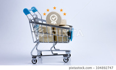 Satisfaction concept, shopping cart with hight quality product. Satisfaction concept, shopping cart with hight quality product. 104892747