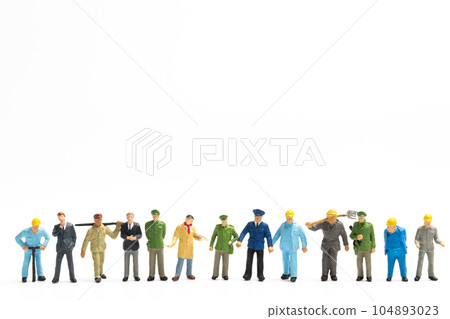 Miniature people different professions standing on white background , Labour day concept 104893023