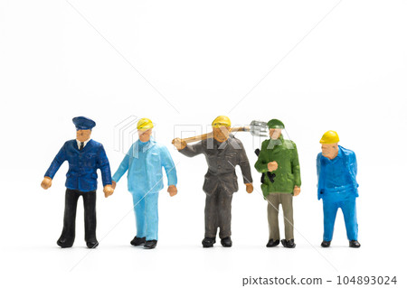 Miniature people different professions standing on white background , Labour day concept 104893024
