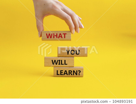What you will learn symbol. Concept word. What you will learn on wooden blocks. Beautiful yellow background. Businessman hand. Business and What you will learn concept. Copy space What you will learn symbol. Concept word. What you will learn on wooden blocks. Beautiful yellow background. Businessman hand. Business and What you will learn concept. Copy space 104893191