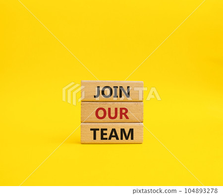 Join our team symbol. Wooden blocks with words Join our team. Beautiful yellow background. Business and Join our team concept. Copy space. Join our team symbol. Wooden blocks with words Join our team. Beautiful yellow background. Business and Join our team concept. Copy space. 104893278