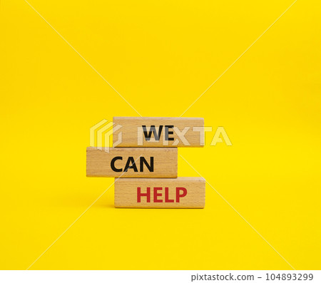 We can help symbol. Wooden blocks with words We can help. Beautiful yellow background. Business and We can help concept. Copy space. 104893299