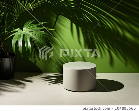 Round gray stone cylinder podium pedestal green grass room, palm leaves, shadow background. Concept display scene stage platform showcase, product, sale, banner, presentation, cosmetic. Generative AI. 104893566