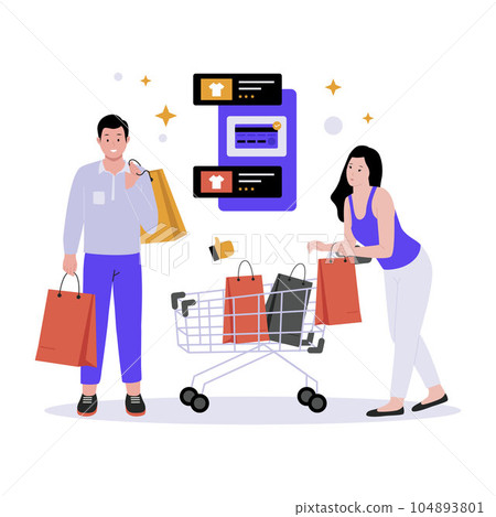 Man and women shopping with bags and trolley. 104893801