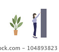 A woman and a foliage plant taking something on the shelf 104893823