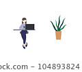 A woman and a foliage plant holding a cup while looking at a computer 104893824