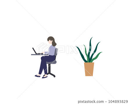 A woman using a laptop and a foliage plant A woman using a laptop and a foliage plant 104893829