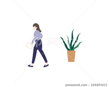 A woman walking with documents and foliage plants 104893831