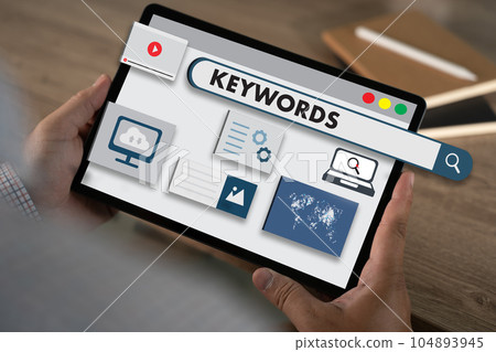keywords on a website for content businessman Search keywords on a laptop, browse in the office, optimize SEO engine communication on the computer, find data analysis, and advertise on the internet. 104893945