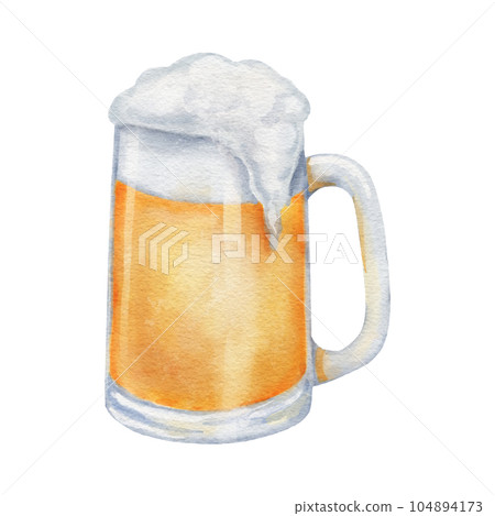 Mug of beer with foam. Glass mug with drink. Watercolor illustration isolated on white. Mug of beer with foam. Glass mug with drink. Watercolor illustration isolated on white. 104894173