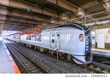 View of the cityscape of Yokohama, Japan, including the Narita Express (leading car, stopping at Totsuka Station) 104894551