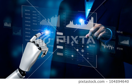 Business 3D rendering artificial intelligence AI robot dashboard Big data diagram graph virtual screen. economic analysis and investment finance and marketing business intelligence (BI) concept. Business 3D rendering artificial intelligence AI robot dashboard Big data diagram graph virtual screen. economic analysis and investment finance and marketing business intelligence (BI) concept. 104894640