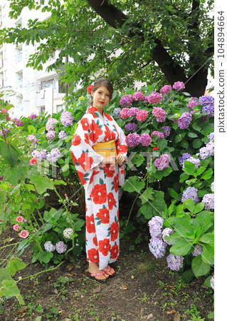 Hydrangea in full bloom and a foreign woman in a kimono Hydrangea in full bloom and a foreign woman in a kimono 104894664