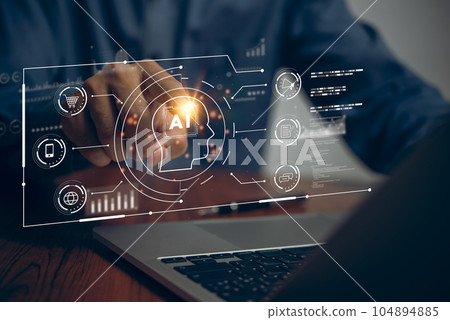 Artificial intelligence AI and CRM software automation technology.business use AI smart technology sales reports recording the sale of goods and making tax invoice. Robotic Process Automation RPA. Artificial intelligence AI and CRM software automation technology.business use AI smart technology sales reports recording the sale of goods and making tax invoice. Robotic Process Automation RPA. 104894885