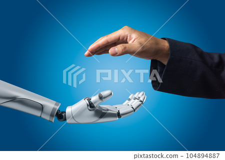 artificial intelligence AI hand robot white 3d rendering and hand people on background. artificial intelligence AI hand robot white 3d rendering and hand people on background. 104894887