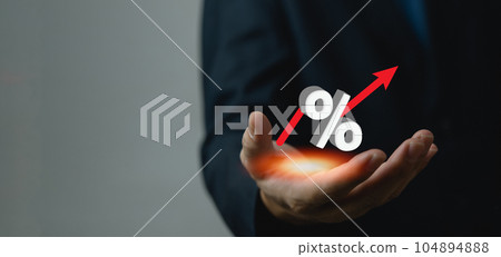 hand icon inflation percentage red arrow virtual screen. Business financial and banking investment concept. copy space. hand icon inflation percentage red arrow virtual screen. Business financial and banking investment concept. copy space. 104894888