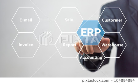 ERP Enterprise Resource Planning and AI Artificial Intelligence technology. using AI in ERP systems, such as automation, optimization, and data analytics marketing.Businessman touch virtual screen. 104894894