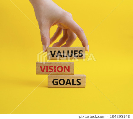 Values Vision Goals symbol. Concept words Values Vision Goals on wooden blocks. Beautiful yellow background. Busimessman hand. Business and Values Vision Goals concept. Copy space. 104895148