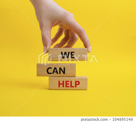 We can help symbol. Wooden blocks with words We can help. Beautiful yellow background. Businessman hand. Business and We can help concept. Copy space. We can help symbol. Wooden blocks with words We can help. Beautiful yellow background. Businessman hand. Business and We can help concept. Copy space. 104895149