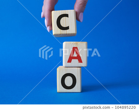 CAO - Chief Accounting Officer symbol. Wooden cubes with word CAO. Beautiful blue background. Businessman hand. Business and Chief Accounting Officer concept. Copy space. CAO - Chief Accounting Officer symbol. Wooden cubes with word CAO. Beautiful blue background. Businessman hand. Business and Chief Accounting Officer concept. Copy space. 104895220