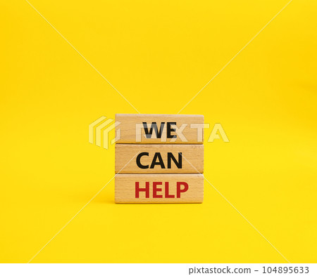 We can help symbol. Wooden blocks with words We can help. Beautiful yellow background. Business and We can help concept. Copy space. 104895633