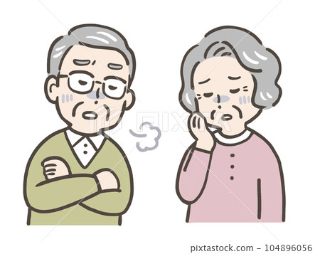 An elderly couple who feels troubled and tired and sighs An elderly couple who feels troubled and tired and sighs 104896056