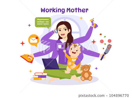 Working Mother Vector Illustration with Mothers who does Work and Takes Care of her Kids at the Home in Multitasking Cartoon Hand Drawn Templates 104896770