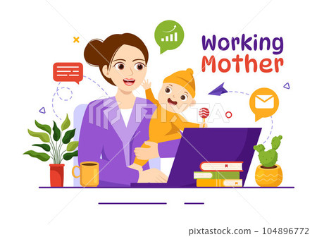 Working Mother Vector Illustration with Mothers who does Work and Takes Care of her Kids at the Home in Multitasking Cartoon Hand Drawn Templates 104896772