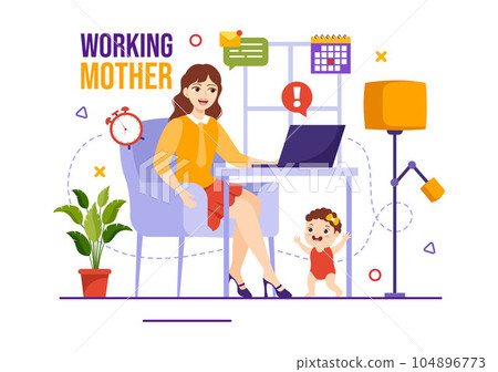 Working Mother Vector Illustration with Mothers who does Work and Takes Care of her Kids at the Home in Multitasking Cartoon Hand Drawn Templates 104896773
