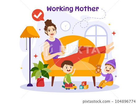 Working Mother Vector Illustration with Mothers who does Work and Takes Care of her Kids at the Home in Multitasking Cartoon Hand Drawn Templates 104896774