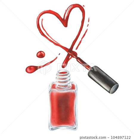 Watercolor illustration. The brush draws a heart with red nail polish.Isolated on a white background.For manicurist, beauty salons, cosmetic stores to create stickers, posters, prints, business cards 104897122