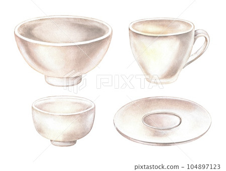 A set of white dishes. Mug, deep plate, saucer and gravy bowl. Watercolor illustration. Empty dinnerware. Hand drawn crockery. Isolated tableware on a white background. Blank for food design insert 104897123